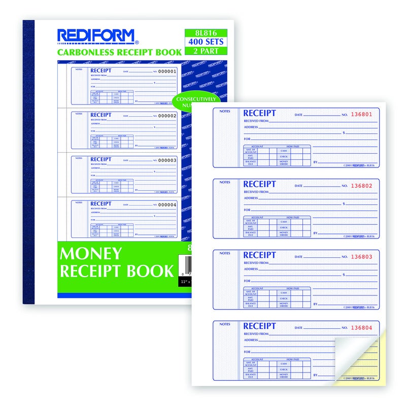 RediformÂ® Money Receipt Book, Carbonless, 400 Numbered Duplicates, 4/Page, 11" x 7.625" (RED8L816) (8L816) - Image 4